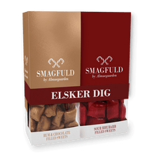 Indlæs billede til gallerivisning ELSKER DIG Gavepakning med fyldte bolcher (smag af rom/chokolade og syrlig rabarber)