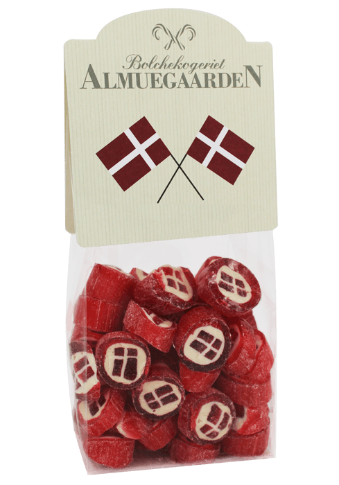 Danske flag bolcher med smag af jordbær (anledningskort) - Almuegaarden