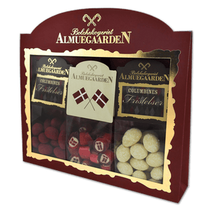 Gaveæske med danske flag bolcher og chokolade-mandler - Almuegaarden