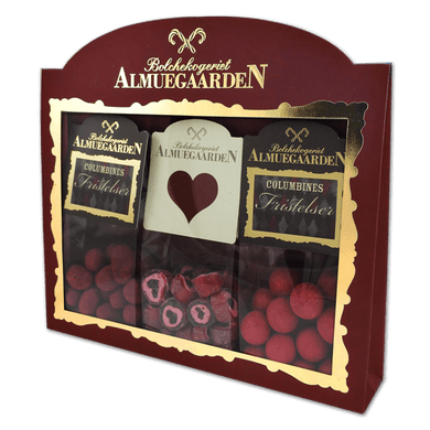 Gaveæske med hjerte bolcher og chokolade-lakridser - Almuegaarden